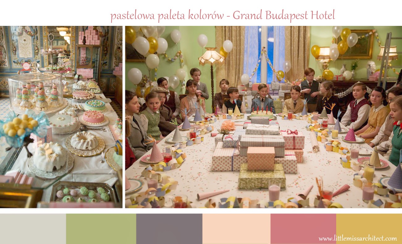 Grand Budapest Hotel, pastelowa paleta kolorów, scenografia